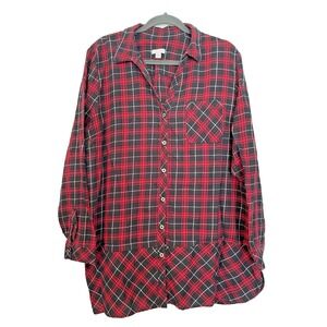 J. Jill Sz XL Red Black Plaid Flannel Tunic Button Up Shirt Contrast Hem lagan